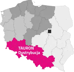 Mapa Polski z oznaczonym obszarem działania Tauron Dystrybucji