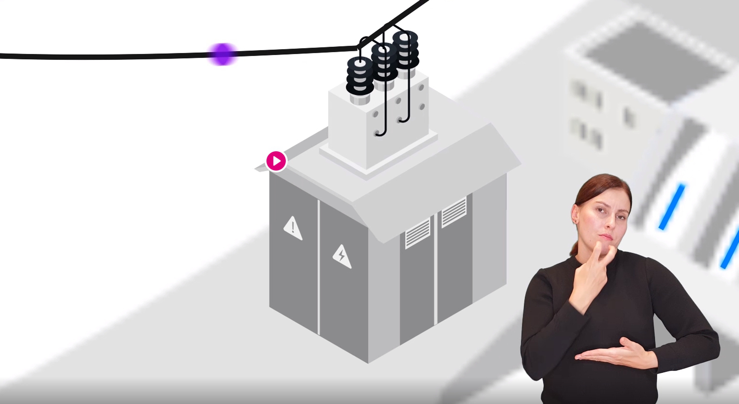 Tło jasnopopielate, na środku rysunek stacji energetycznej - to mały budynek, na dachu urządzenia energetyczne przypominające duże spirale, do których prowadzą przewody. Na ścianie bocznej widać trójkątne znaczki ostrzegawcze, jeden z błyskawicą, drugi z wykrzyknikiem. W prawym dolnym rogu postać kobiety, w średnim wieku, która tłumaczy tekst filmu na język migowy.