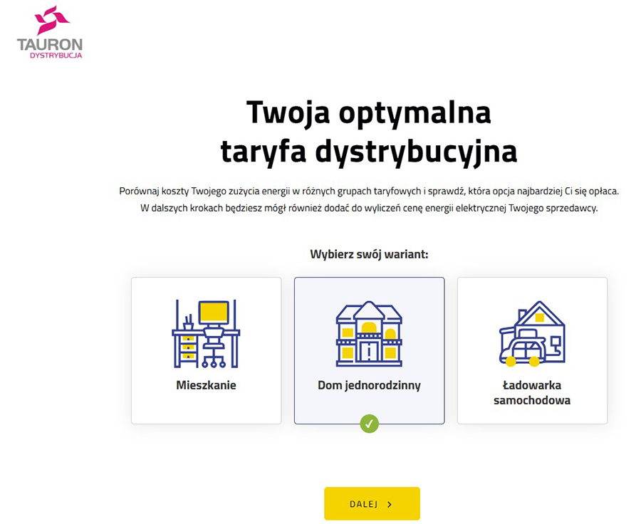 podstrona porównywarki taryf TAURON Dystrybucja z widocznymi trzema symbolami – mieszkania, domu i ładowarki samochodowej do wyboru
