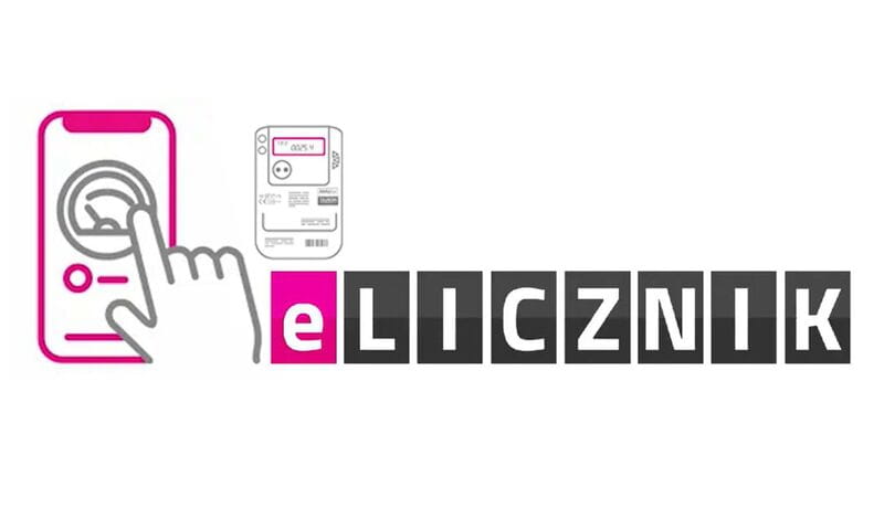 grafika dłoni dotykająca ekranu smartfonu, za którą jest szary napis eLicznik na białym tle