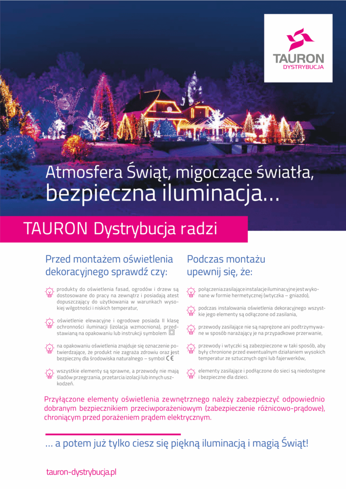 plakat przedstawiający porady co należy sprawdzić przed i po montażu świątecznego oświetlenie dekoracyjnego ukazane na tle nocnego widoku udekorowanych domów