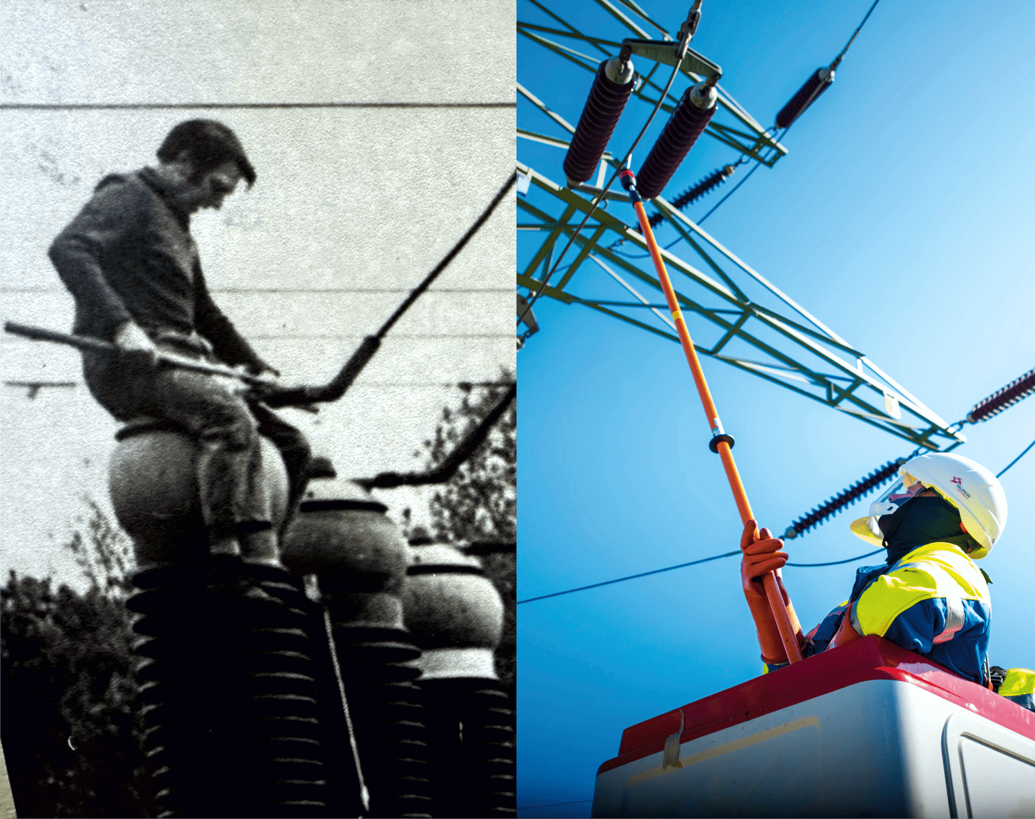obraz złożony z dwóch części, na pierwszej archiwalnej czarnobiałej jest energetyk siedzący na słupie, na drugiej współczesnej kolorowej jest energetyk w koszu podnośnika