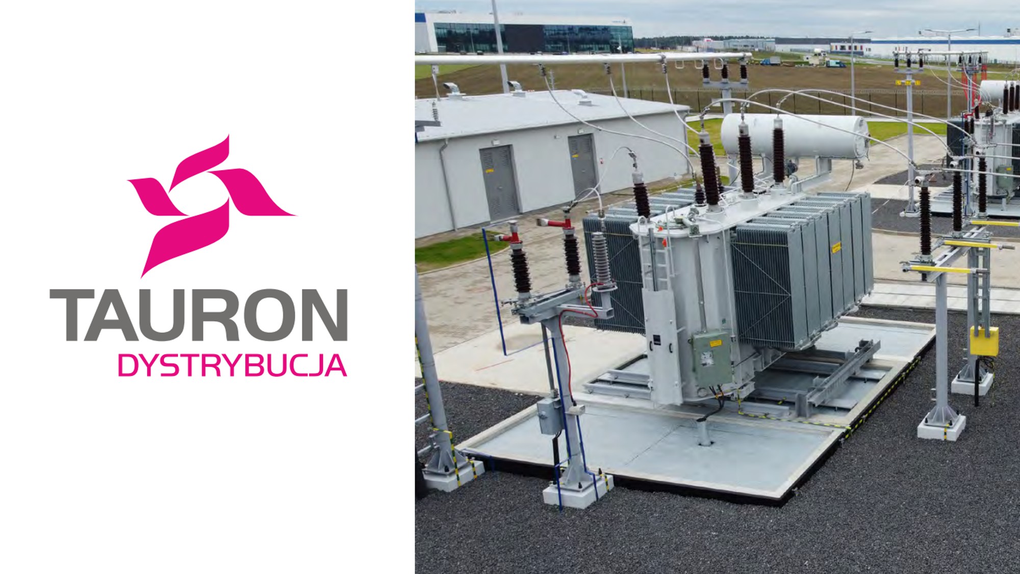 logo TAURON Dystrybucja obok widoku stacji elektroenergetycznej