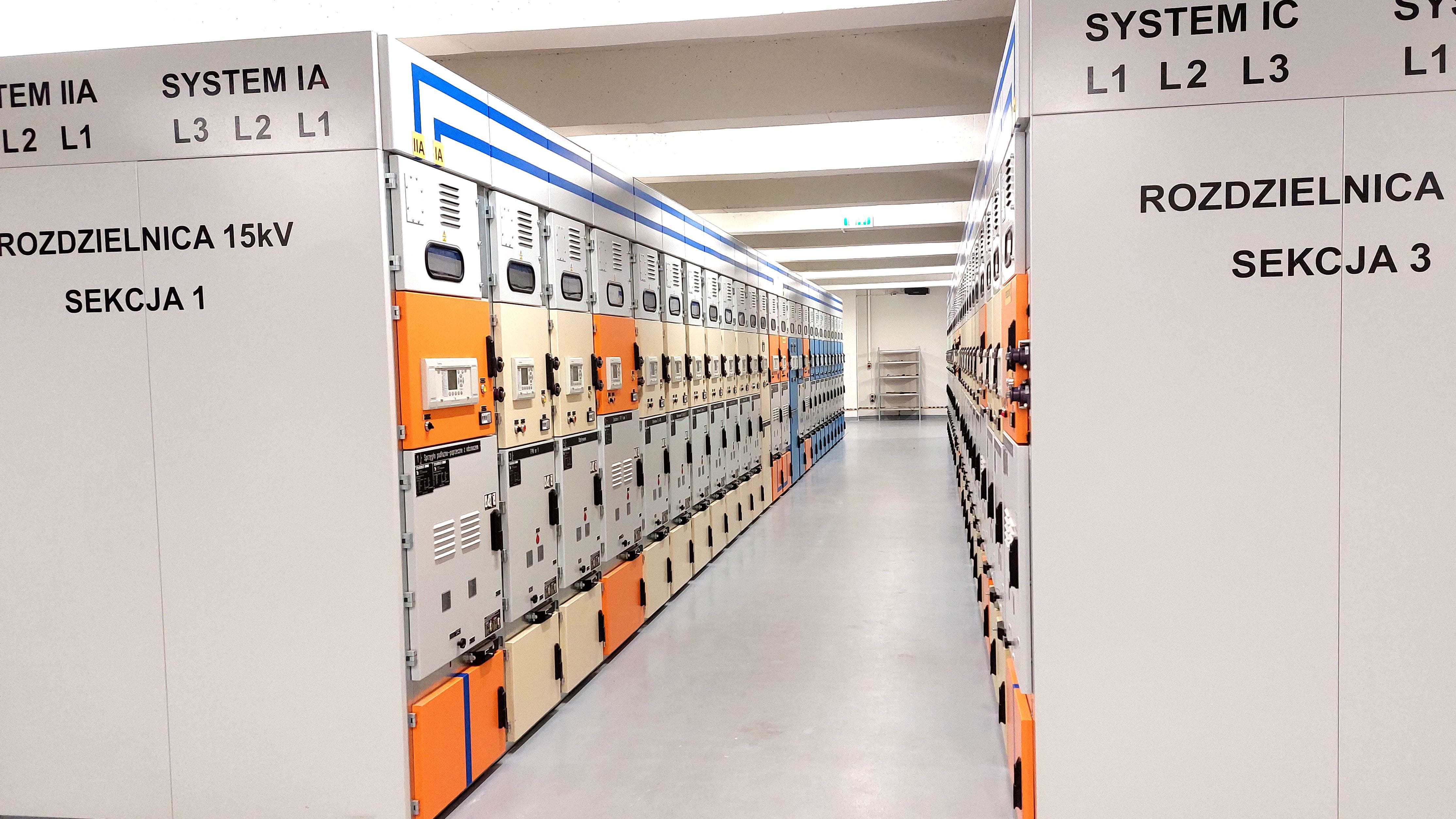 korytarz w rozdzielni 15 kilowolt we wnętrzu stacji elektroenergetycznej Prądnik w Krakowie