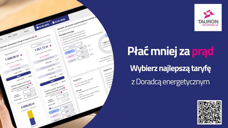 TAURON Dystrybucja wprowadza innowację w zarządzaniu energią. Od teraz każdy użytkownik licznika zdalnego odczytu może skorzystać z funkcji Doradcy energetycznego, aby świadomie wybrać najlepszą taryfę, obniżyć rachunki oraz dopasować zużycie prądu do swojego stylu życia.