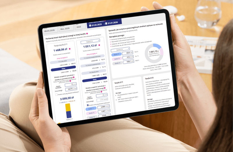 Doradca energetyczny analizuje profil zużycia konkretnego użytkownika i pokazuje, jak zmiana taryfy może wpłynąć na rachunek. Klienci mogą porównać koszty w różnych grupach taryfowych oraz symulować przesunięcia zużycia między strefami czasowymi
