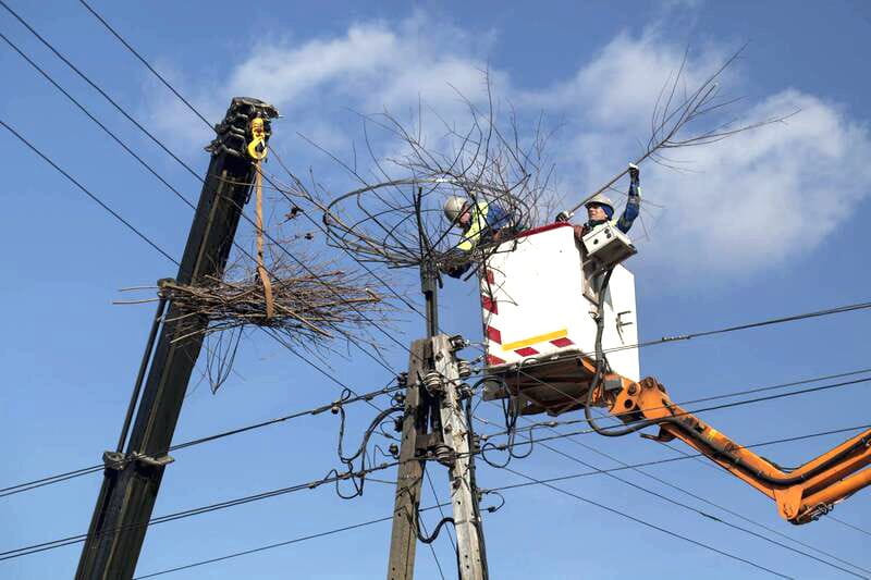 dwóch pracowników TAURON Dystrybucja znajdujących się w koszu wysięgnika montuje na słupie energetycznym platformę pod gniazdo bociana