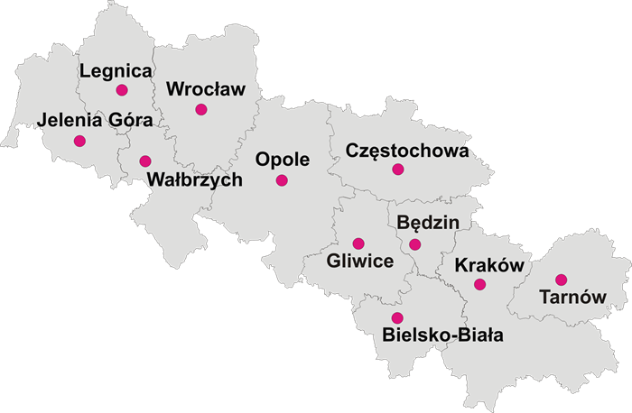Mapa przedstawia obszary, od lewej strony: Jeleniej Góry, Legnicy, Wałbrzycha, Wrocławia, Opola, Gliwic, Bielska-białej, Częstochowy, Będzina, Krakowa i Tarnowa