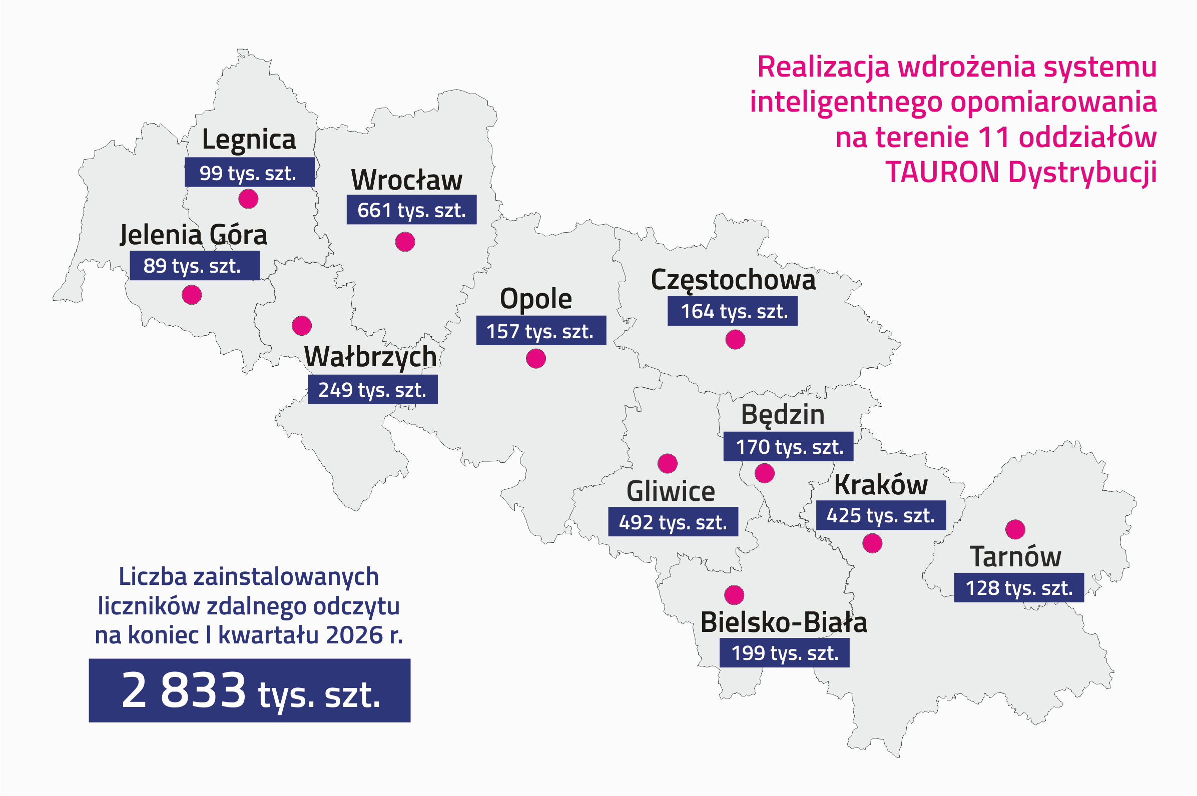 Poglądowa mapa realizacji wdrożenia systemu inteligentnego opomiarowania na terenie jedenastu oddziałów TAURON Dystrybucja, które rozciągają się na całą południową Polskę.