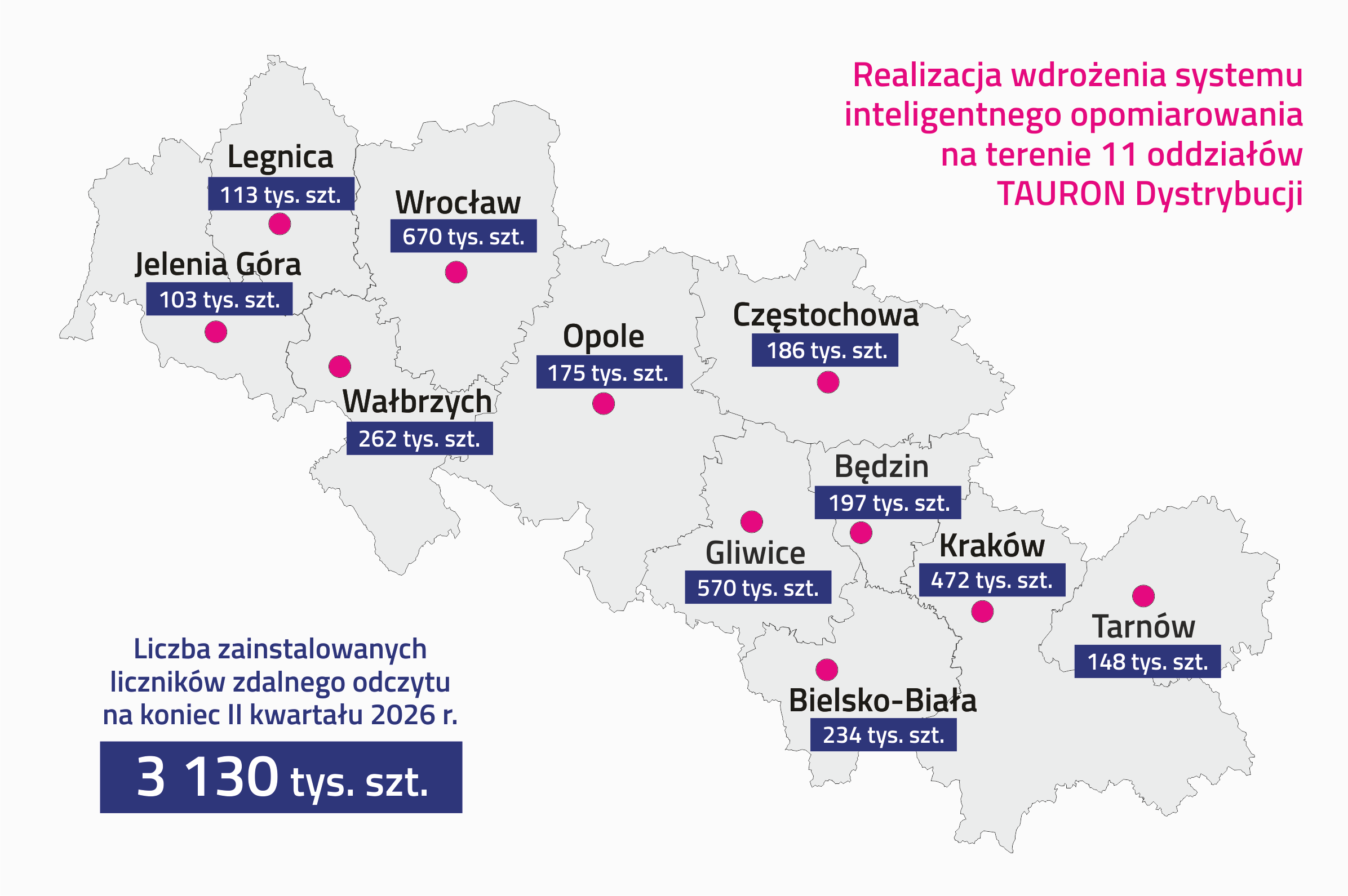 Poglądowa mapa realizacji wdrożenia systemu inteligentnego opomiarowania na terenie jedenastu oddziałów TAURON Dystrybucja, które rozciągają się na całą południową Polskę.