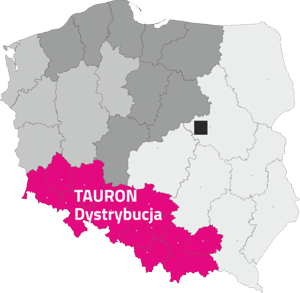 Mapa Polski z oznaczonym obszarem działania Tauron Dystrybucji