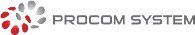 Logo firmy Procom System na którym widać napis szary napis Procom System na białym tle